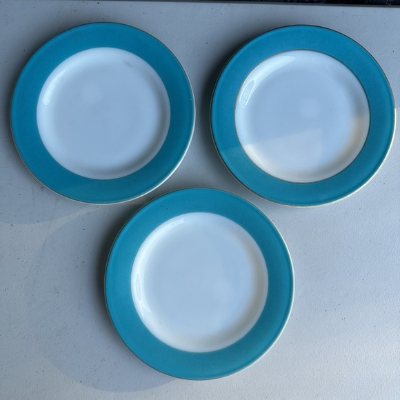 Pyrex Other - Vintage 1950's Pyrex Milk Glass & Turquoise Blue Band 8" Salad Plate Set of 3